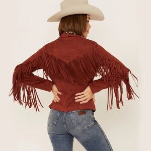 FORNIA FRINGE,FRONT,BACK & SLEEVES JACKET EUC SZ M, RUST COLOR